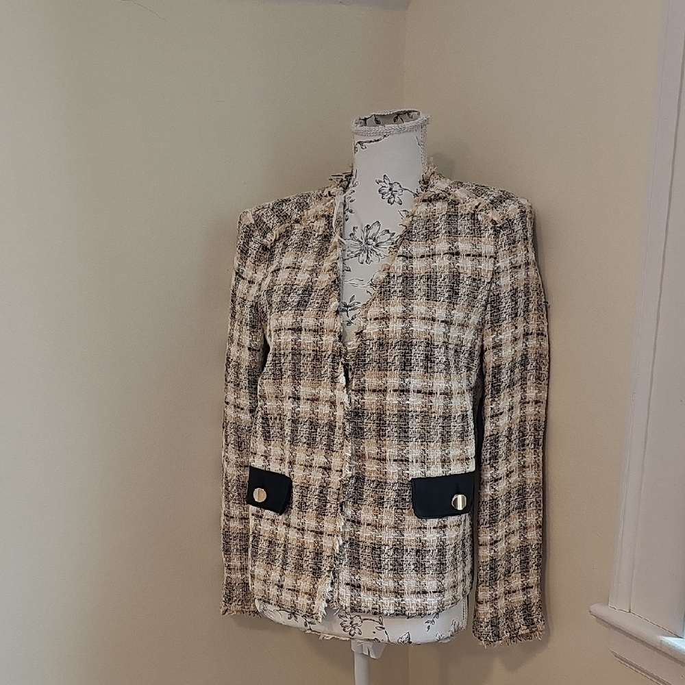 Zara Cream and Black Plaid Tweed Blazer